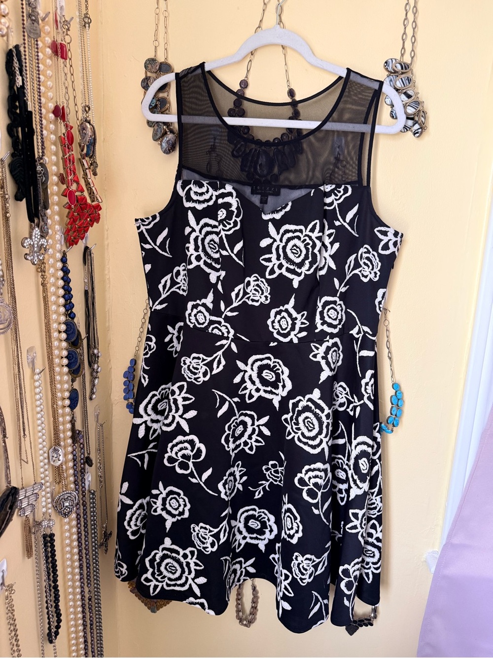 Trixxi Black Dress with White Floral Mesh Yoke